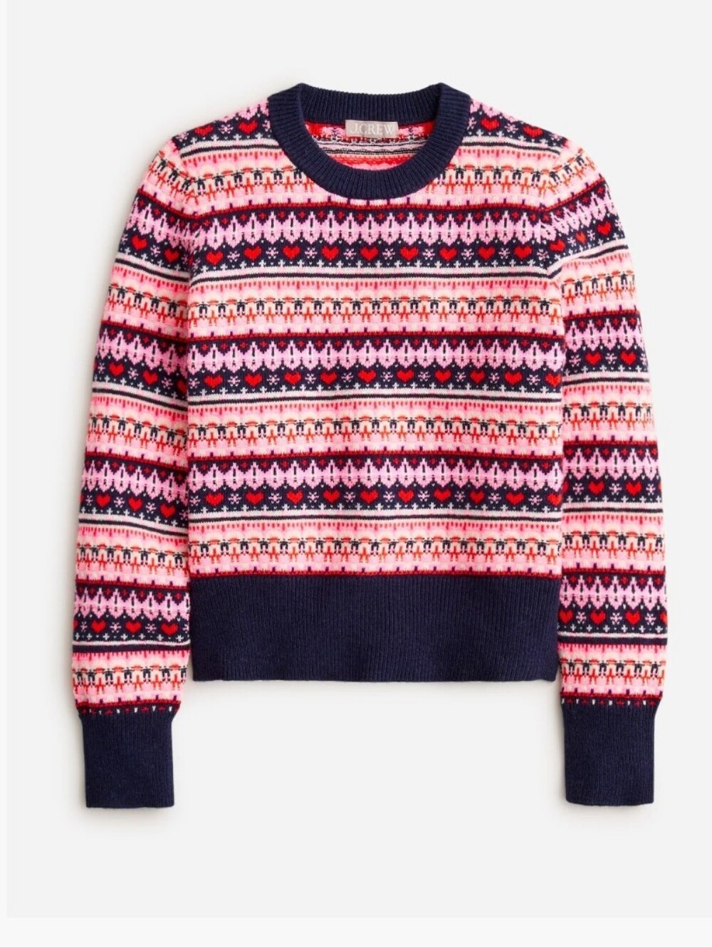J. Crew Navy, Pink & Red Fair Isle Crewneck Sweater Size Large
